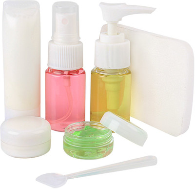 

HOKIPO Clear Plastic Refillable Travel Toiletry Spray Bottles Set with Zippered Pouch, 7 Pieces [Airline Carry-on Approved] Travel Toiletry Kit(White)