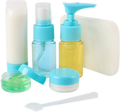 

HOKIPO Clear Plastic Refillable Travel Toiletry Spray Bottles Set with Zippered Pouch, 7 Pieces - Travel Toiletry Kit(Blue)