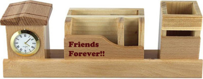 Awesum 4 Compartments Wooden Pen Stand(Brown)