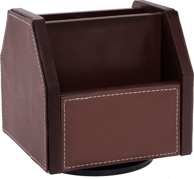 

Kebica 4 Compartments Wood and Faux Leather Revolving Desk Organizer(Brown)