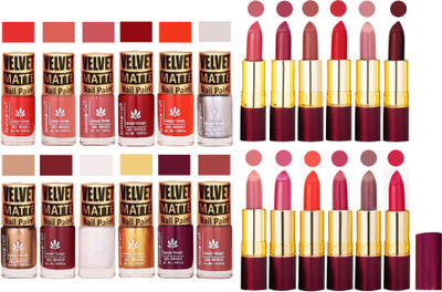 

Aroma Care Dull Velvet Matte Quick Dry Nail Polish Combo 12 Pcs with Dry Matte Lipstick Set of 12 Pcs(Set of 24)