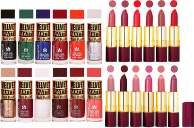 

Aroma Care Multicolor Velvet Matte Nail Polish Sets of 12 Pcs with Dry Matte Lipstick Set of 12 Pcs(Set of 24)