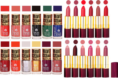 

Aroma Care Velvet Matt 12 Nail Polish Combo in Wholesale Rate with Dry Matte Lipstick Set of 12 Pcs(Set of 24)