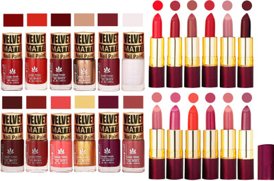 

Aroma Care Velvet Matt 12 Nail Polish Combo in Wholesale Rate with Dry Matte Lipstick Set of 12 Pcs(Set of 24)