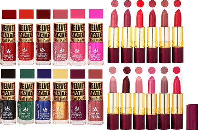 

Aroma Care 100% Pure Dull Matt Nail Polish Sets with Dry Matte Lipstick Set of 12 Pcs(Set of 24)