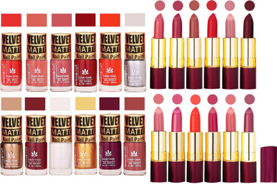 

Aroma Care Dull Velvet Matte Quick Dry Nail Polish Combo 12 Pcs with Dry Matte Lipstick Set of 12 Pcs(Set of 24)