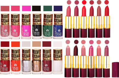 

Aroma Care Velvet Matt Nail Polish Set of 12 Pcs Combo with Dry Matte Lipstick Set of 12 Pcs(Set of 24)