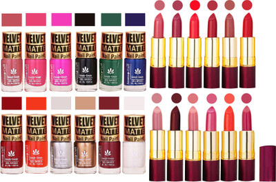 

Aroma Care Velvet Matt Nail Polish Set of 12 Pcs Combo with Dry Matte Lipstick Set of 12 Pcs(Set of 24)