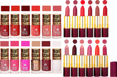 

Aroma Care Dull Velvet Matte Quick Dry Nail Polish Combo 12 Pcs with Dry Matte Lipstick Set of 12 Pcs(Set of 24)