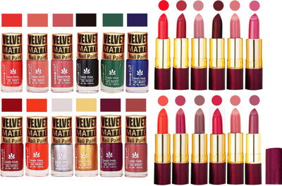 

Aroma Care Velvet Matt 12 Nail Polish Combo in Wholesale Rate with Dry Matte Lipstick Set of 12 Pcs(Set of 24)