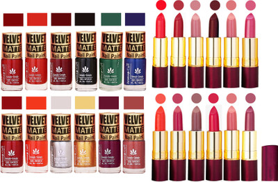 

Aroma Care Velvet Matt Nail Polish Set of 12 Pcs Combo with Dry Matte Lipstick Set of 12 Pcs(Set of 24)