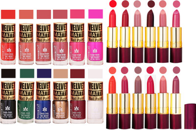 

Aroma Care Dull Velvet Matte Quick Dry Nail Polish Combo 12 Pcs with Dry Matte Lipstick Set of 12 Pcs(Set of 24)