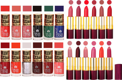 

Aroma Care 100% Genuine Matte Nail Polish Sets of 12 Pcs in Wholesale Rate with Dry Matte Lipstick Set of 12 Pcs(Set of 24)