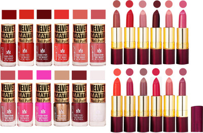 

Aroma Care Dull Velvet Matte Quick Dry Nail Polish Combo 12 Pcs with Dry Matte Lipstick Set of 12 Pcs(Set of 24)