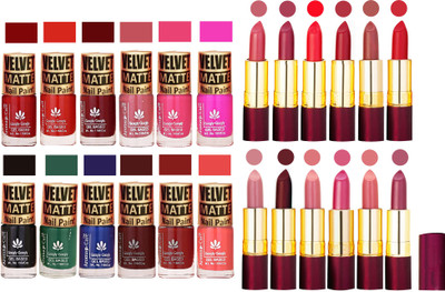 

Aroma Care Velvet Matt 12 Nail Polish Combo in Wholesale Rate with Dry Matte Lipstick Set of 12 Pcs(Set of 24)