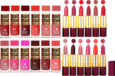 

Aroma Care Multicolor Velvet Matte Nail Polish Sets of 12 Pcs with Dry Matte Lipstick Set of 12 Pcs(Set of 24)