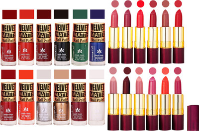 

Aroma Care Dull Velvet Matte Quick Dry Nail Polish Combo 12 Pcs with Dry Matte Lipstick Set of 12 Pcs(Set of 24)