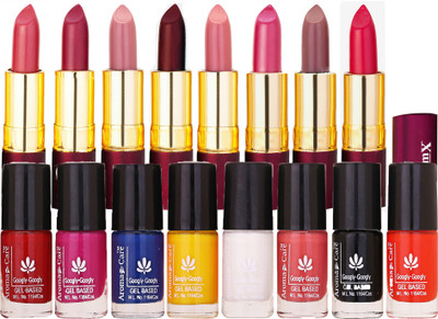 

Aroma Care Nail Polish Combo fer Long Lasting Nail Enamel Insta-Dri Collection 8 Pcs with Dry Matte Lipstick 8 Pcs(Set of 16)
