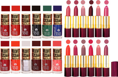 

Aroma Care Multicolor Velvet Matte Nail Polish Sets of 12 Pcs with Dry Matte Lipstick Set of 12 Pcs(Set of 24)