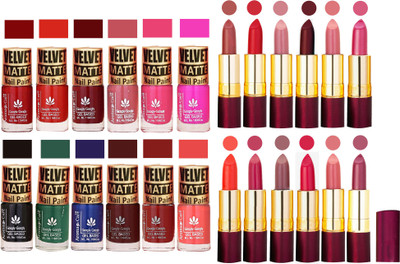 

Aroma Care Velvet Matt 12 Nail Polish Combo in Wholesale Rate with Dry Matte Lipstick Set of 12 Pcs(Set of 24)