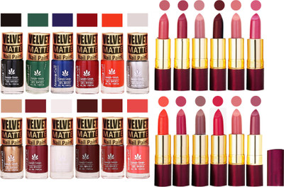 

Aroma Care Multicolor Velvet Matte Nail Polish Sets of 12 Pcs with Dry Matte Lipstick Set of 12 Pcs(Set of 24)