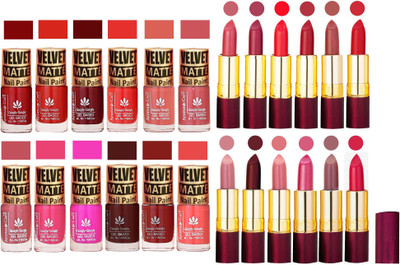

Aroma Care Multicolor Velvet Matte Nail Polish Sets of 12 Pcs with Dry Matte Lipstick Set of 12 Pcs(Set of 24)