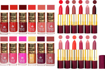 

Aroma Care Velvet Matt Nail Polish Set of 12 Pcs Combo with Dry Matte Lipstick Set of 12 Pcs(Set of 24)