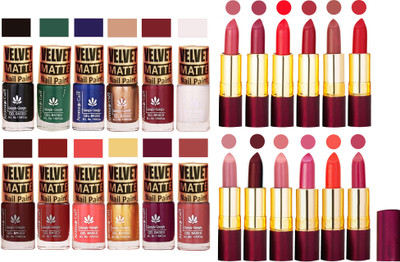 

Aroma Care Matte Nail Polish Combo of 12 pcs with Dry Matte Lipstick Set of 12 Pcs(Set of 24)