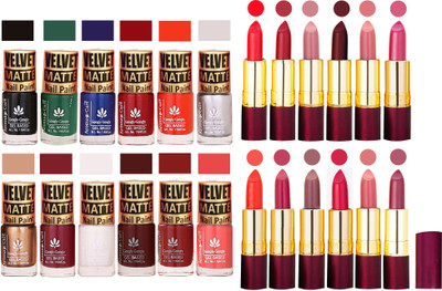 

Aroma Care Multicolor Velvet Matte Nail Polish Sets of 12 Pcs with Dry Matte Lipstick Set of 12 Pcs(Set of 24)