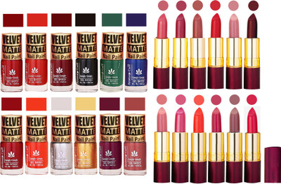 Aroma Care Matte Nail Polish Combo of 12 pcs with Dry Matte Lipstick Set of 12 Pcs(Set of 24)