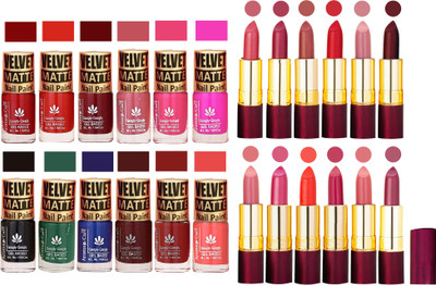 

Aroma Care Velvet Matt 12 Nail Polish Combo in Wholesale Rate with Dry Matte Lipstick Set of 12 Pcs(Set of 24)