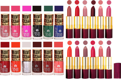 Aroma Care Matte Nail Polish Combo of 12 pcs with Dry Matte Lipstick Set of 12 Pcs(Set of 24)