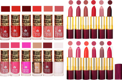 

Aroma Care Dull Velvet Matte Quick Dry Nail Polish Combo 12 Pcs with Dry Matte Lipstick Set of 12 Pcs(Set of 24)