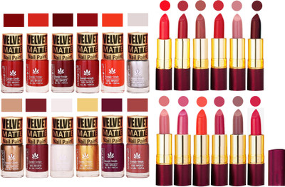 

Aroma Care 100% Genuine Matte Nail Polish Sets of 12 Pcs in Wholesale Rate with Dry Matte Lipstick Set of 12 Pcs(Set of 24)