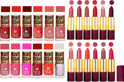 

Aroma Care 100% Pure Dull Matt Nail Polish Sets with Dry Matte Lipstick Set of 12 Pcs(Set of 24)