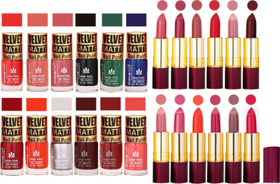 

Aroma Care 100% Genuine Matte Nail Polish Sets of 12 Pcs in Wholesale Rate with Dry Matte Lipstick Set of 12 Pcs(Set of 24)