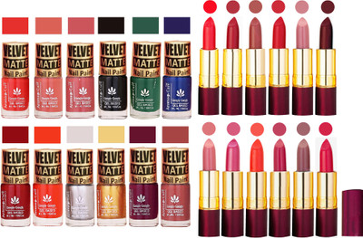 

Aroma Care Velvet Matt 12 Nail Polish Combo in Wholesale Rate with Dry Matte Lipstick Set of 12 Pcs(Set of 24)