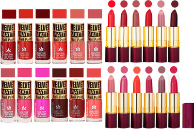 

Aroma Care Multicolor Velvet Matte Nail Polish Sets of 12 Pcs with Dry Matte Lipstick Set of 12 Pcs(Set of 24)