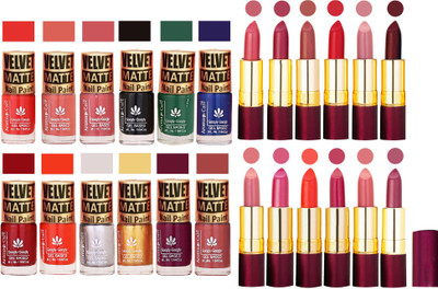 

Aroma Care Velvet Matt 12 Nail Polish Combo in Wholesale Rate with Dry Matte Lipstick Set of 12 Pcs(Set of 24)