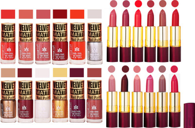 

Aroma Care Dull Velvet Matte Quick Dry Nail Polish Combo 12 Pcs with Dry Matte Lipstick Set of 12 Pcs(Set of 24)