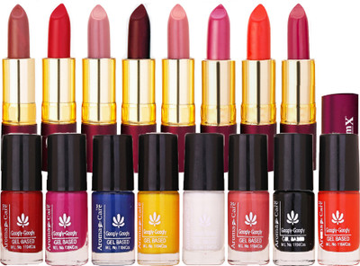 

Aroma Care Long Lasting Shiny Modern Colorful Bottles Nail Polish Combo 8 pcs with Dry Matte Lipstick 8 Pcs(Set of 16)