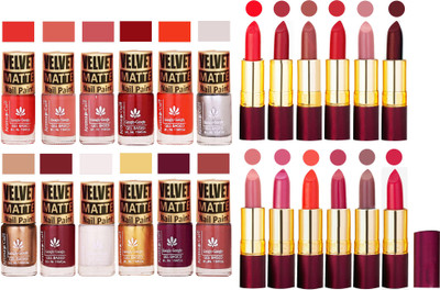 Aroma Care Dull Velvet Matte Quick Dry Nail Polish Combo 12 Pcs with Dry Matte Lipstick Set of 12 Pcs(Set of 24)