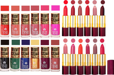 

Aroma Care Velvet Matt Nail Polish Set of 12 Pcs Combo with Dry Matte Lipstick Set of 12 Pcs(Set of 24)