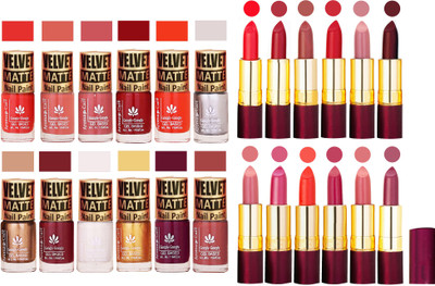

Aroma Care Dull Velvet Matte Quick Dry Nail Polish Combo 12 Pcs with Dry Matte Lipstick Set of 12 Pcs(Set of 24)