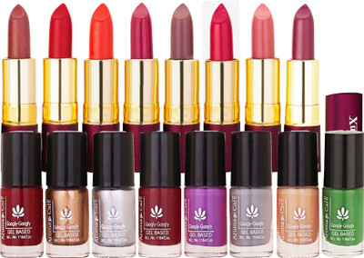 

Aroma Care Long Lasting Shiny Modern Colorful Bottles Nail Polish Combo 8 pcs with Dry Matte Lipstick 8 Pcs(Set of 16)