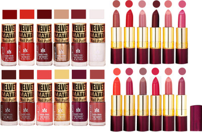 

Aroma Care Velvet Matt 12 Nail Polish Combo in Wholesale Rate with Dry Matte Lipstick Set of 12 Pcs(Set of 24)