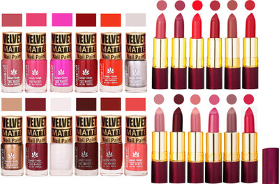 

Aroma Care Velvet Matt 12 Nail Polish Combo in Wholesale Rate with Dry Matte Lipstick Set of 12 Pcs(Set of 24)