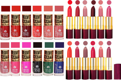 

Aroma Care Velvet Matt 12 Nail Polish Combo in Wholesale Rate with Dry Matte Lipstick Set of 12 Pcs(Set of 24)