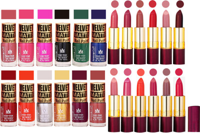 Aroma Care 100% Genuine Matte Nail Polish Sets of 12 Pcs in Wholesale Rate with Dry Matte Lipstick Set of 12 Pcs(Set of 24)