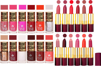 

Aroma Care Velvet Matt 12 Nail Polish Combo in Wholesale Rate with Dry Matte Lipstick Set of 12 Pcs(Set of 24)